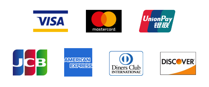 VISA、Mastercard、銀聯（UnionPay）、JCB、American Express、Diners Club、Discover
