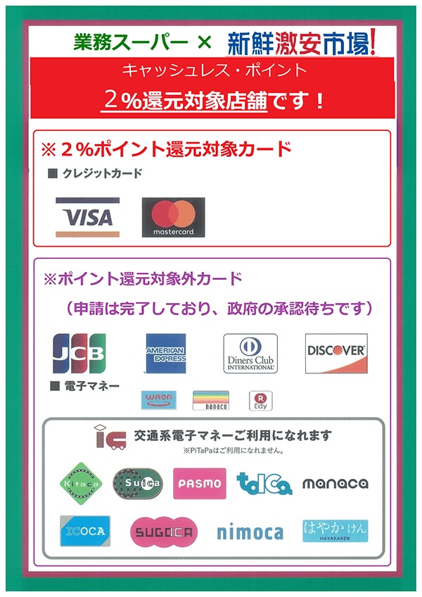 キャッシュレス・ポイント２％還元対象店舗です